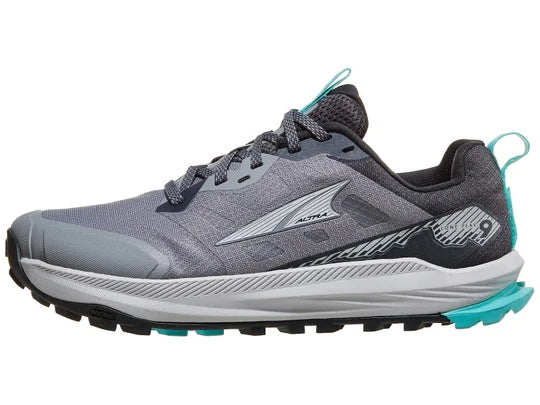 Women's Altra Lone Peak 9. Gray upper. Gray midsole. Lateral view.