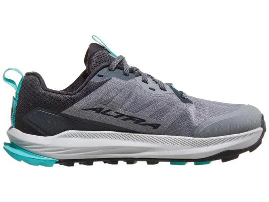 Women's Altra Lone Peak 9. Gray upper. Gray midsole. Medial view.