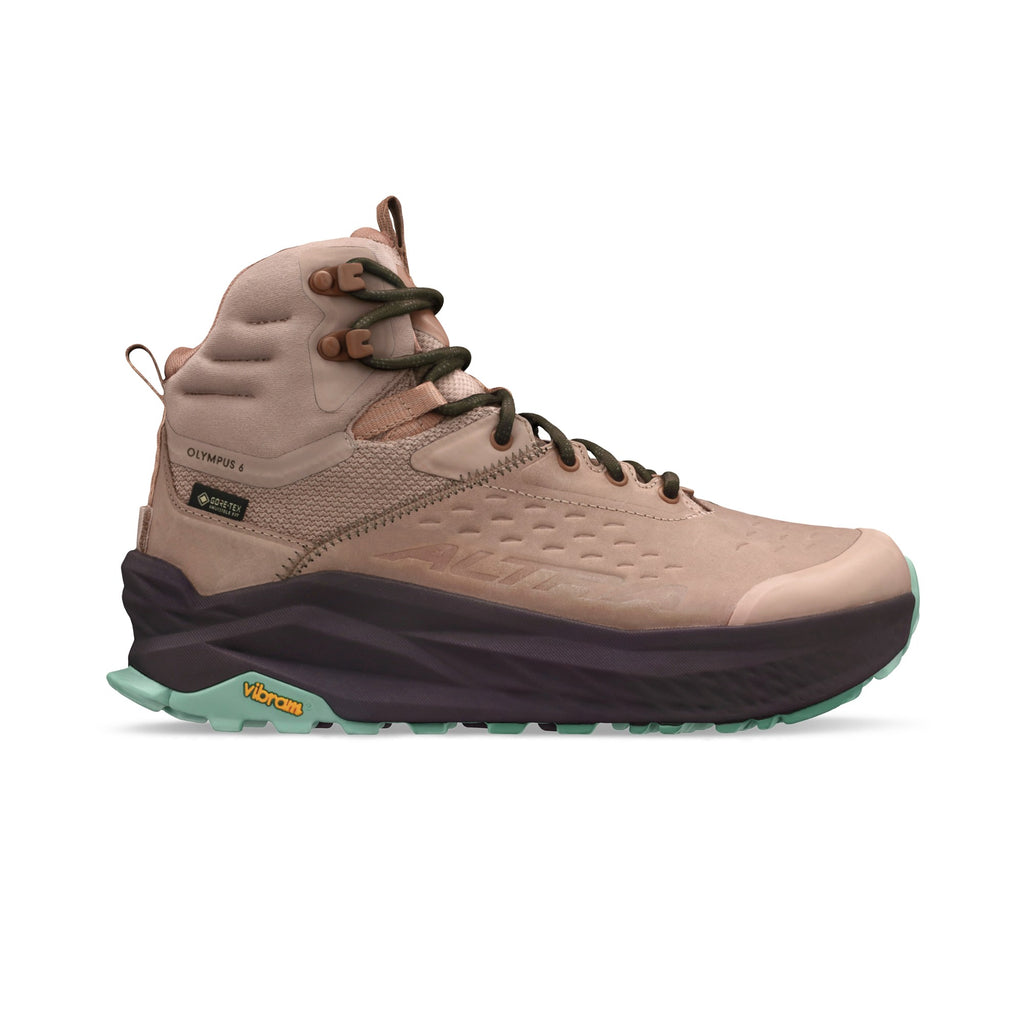 Women's Altra Olympus 6 hike MID GTX. Tan upper. Dark Grey midsole. Lateral view.