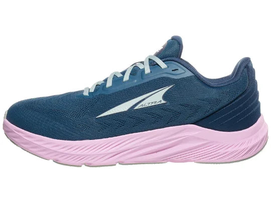 Women's Altra Rivera 4. Navy upper. Pink midsole. Lateral view.