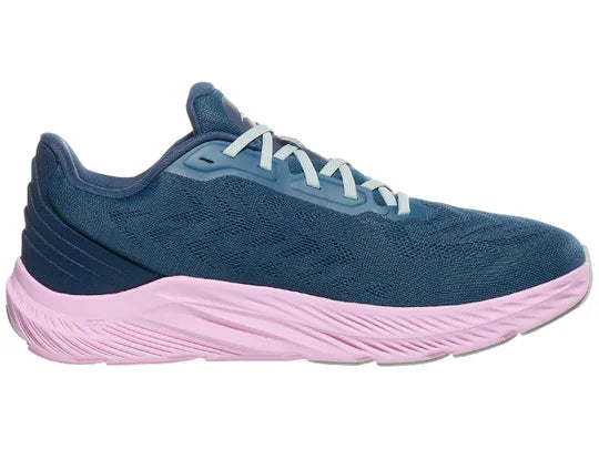 Women's Altra Rivera 4. Navy upper. Pink midsole. Medial view.