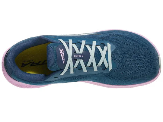 Women's Altra Rivera 4. Navy upper. Pink midsole. Top view.