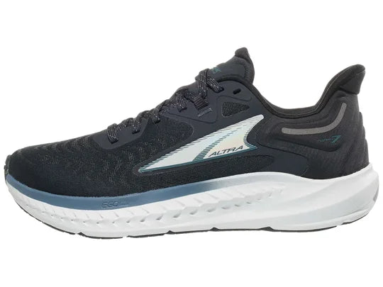 Women's Altra Torin 7. Black upper. White midsole. Lateral view.