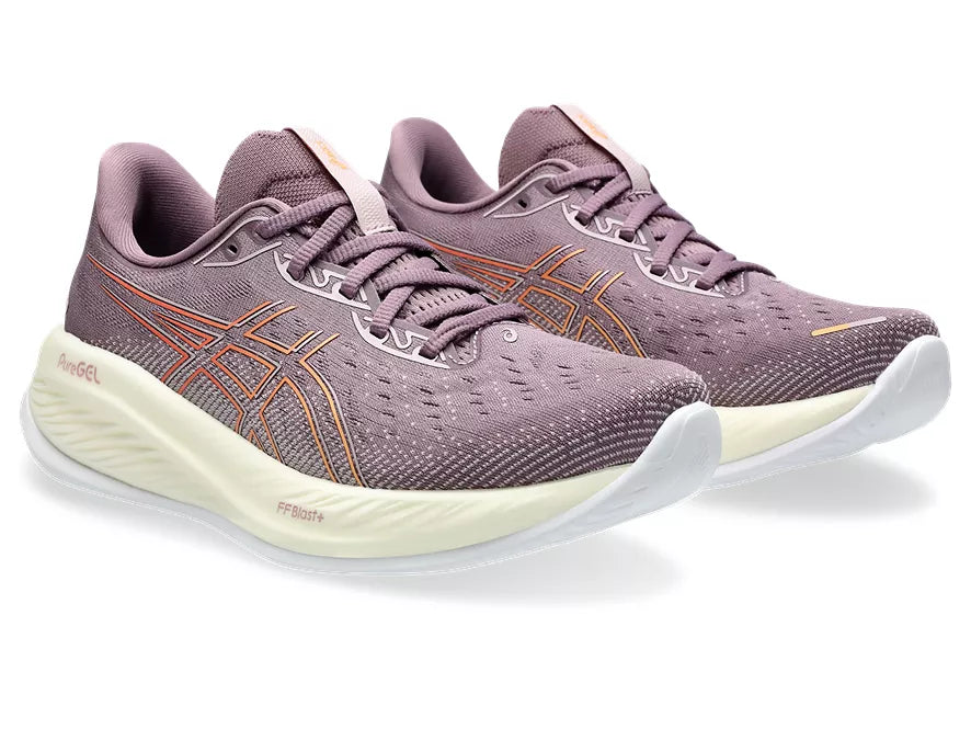Women's Asics Gel-Cumulus 26. Gray/Purple upper. Yellow midsole. Lateral view.