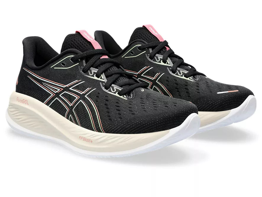 Women's Asics Gel-Cumulus 26. Black upper. Light Green midsole. Lateral view.