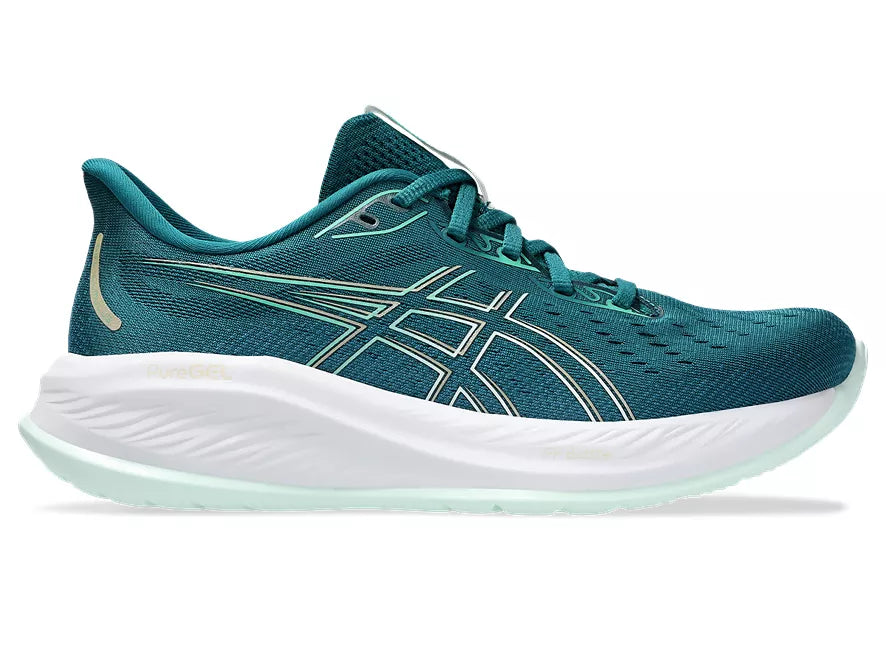 Women's Asics Gel-Cumulus 26. Blue/Green upper. White midsole. Lateral view.