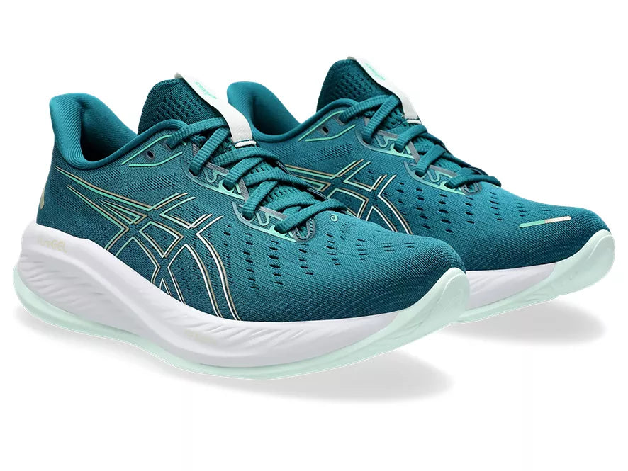 Women's Asics Gel-Cumulus 26. Blue/Green upper. White midsole. Lateral view.