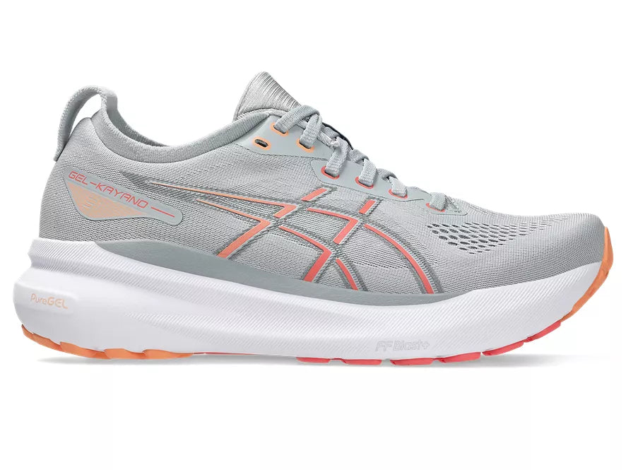 Women's Asics Gel-Kayano 31. Grey upper. White midsole. Lateral view.