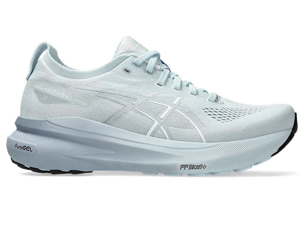 Women's Asics Gel-Kayano 31. White upper. Grey midsole. Lateral view.