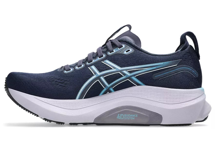 Women's Asics Gel Kayano 32. Dark Blue upper. Light Blue midsole. Medial view.
