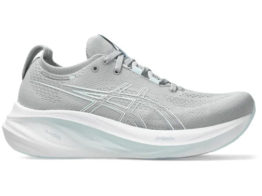 Women's Asics Gel-Nimbus 26. Grey upper. White midsole. Lateral view.