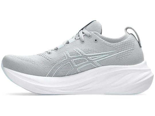 Women's Asics Gel-Nimbus 26. Grey upper. White midsole. Medial view.