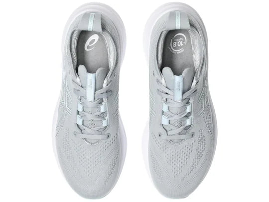 Women's Asics Gel-Nimbus 26. Grey upper. White midsole. Top view.