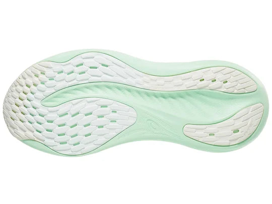 Women's Asics Gel-Nimbus 26. Light Green upper. Light Green midsole. Bottom view.