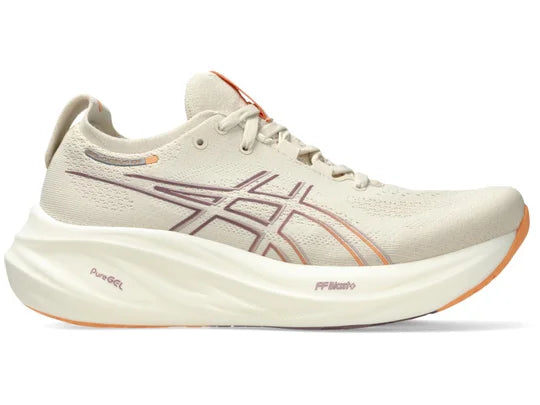 Women's Asics Gel-Nimbus 26. Tan upper. Tan midsole. Lateral view.