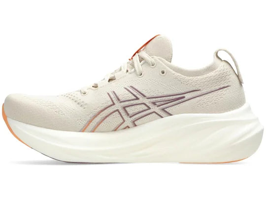 Women's Asics Gel-Nimbus 26. Tan upper. Tan midsole. Medial view.