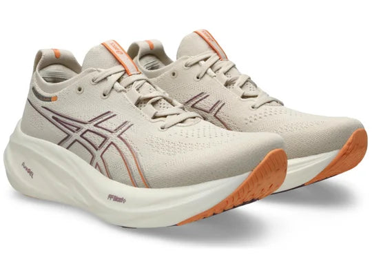 Women's Asics Gel-Nimbus 26. Tan upper. Tan midsole. Lateral view.