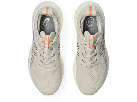 Women's Asics Gel-Nimbus 26. Tan upper. Tan midsole. Top view.