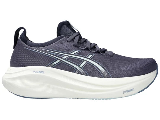 Women's Asics Gel-Nimbus 27. Blue/Grey upper. White midsole. Lateral view.