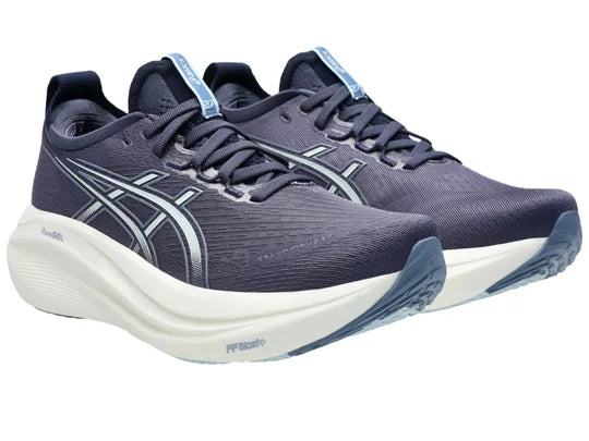 Women's Asics Gel-Nimbus 27. Blue/Grey upper. White midsole. Lateral view.