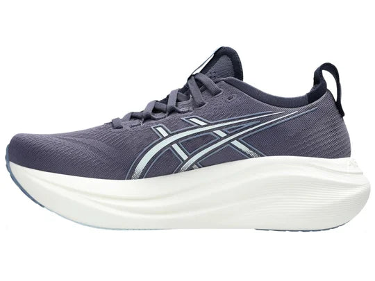 Women's Asics Gel-Nimbus 27. Blue/Grey upper. White midsole. Medial view.