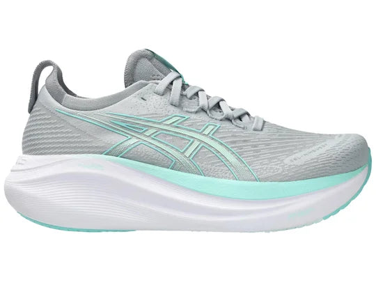 Women's Asics Gel-Nimbus 27. Grey upper. White midsole. Lateral view.