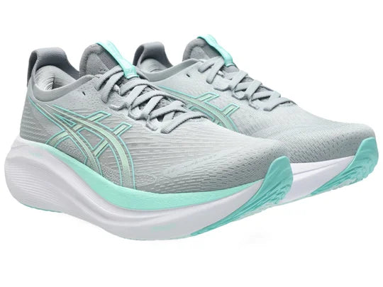 Women's Asics Gel-Nimbus 27. Grey upper. White midsole. Lateral view.