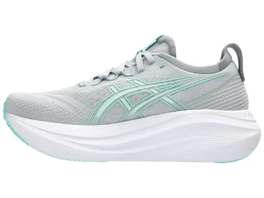 Women's Asics Gel-Nimbus 27. Grey upper. White midsole. Medial view.