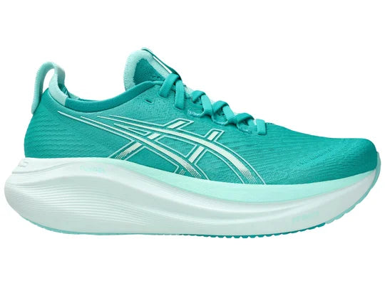 Women's Asics Gel-Nimbus 27. Green upper. White midsole. Lateral view.