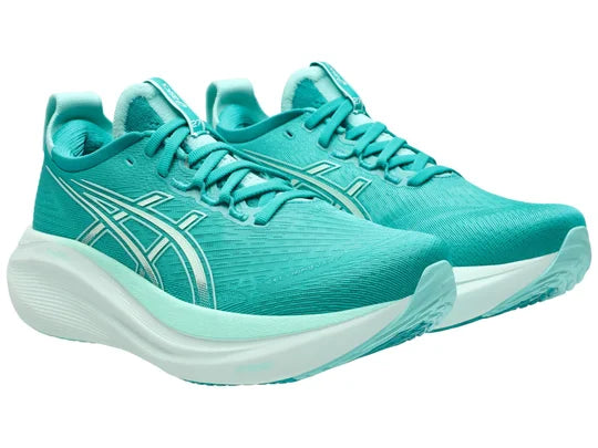 Women's Asics Gel-Nimbus 27. Green upper. White midsole. Lateral view.