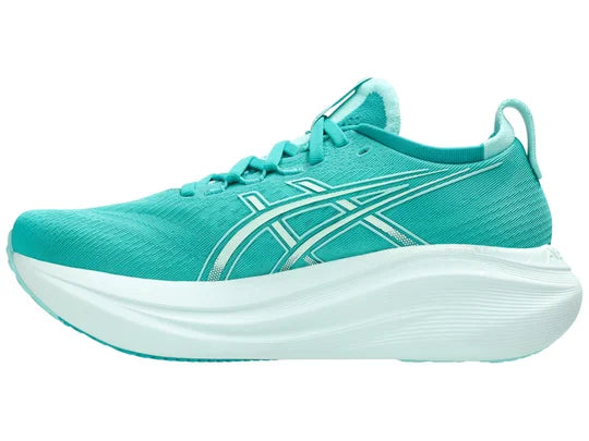 Women's Asics Gel-Nimbus 27. Green upper. White midsole. Medial view.