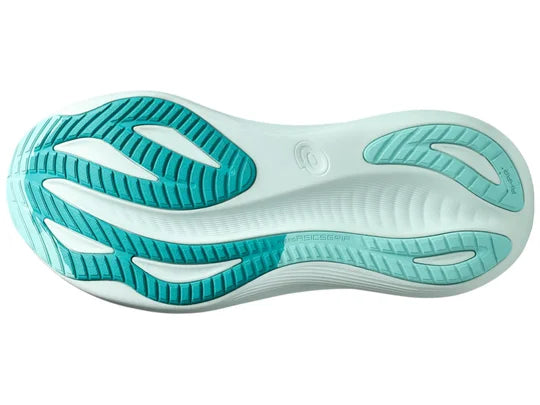 Women's Asics Gel-Nimbus 27. Green upper. White midsole. Bottom view.