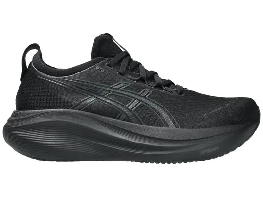 Women's Asics Gel-Nimbus 27. Black upper. Black midsole. Lateral view.