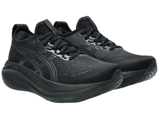 Women's Asics Gel-Nimbus 27. Black upper. Black midsole. Lateral view.