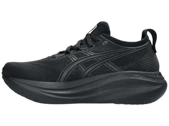 Women's Asics Gel-Nimbus 27. Black upper. Black midsole. Medial view.