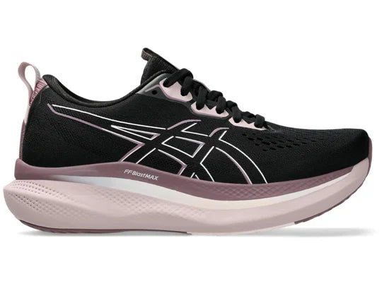 Women's Asics GlideRide Max. Black upper. Light Pink midsole. Lateral view.