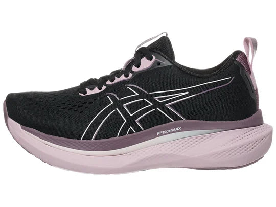 Women's Asics GlideRide Max. Black upper. Off White midsole. Lateral view.