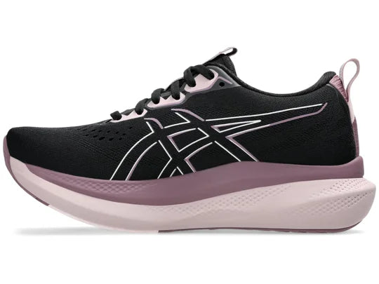 Women's Asics GlideRide Max. Black upper. Light Pink midsole. Medial view.