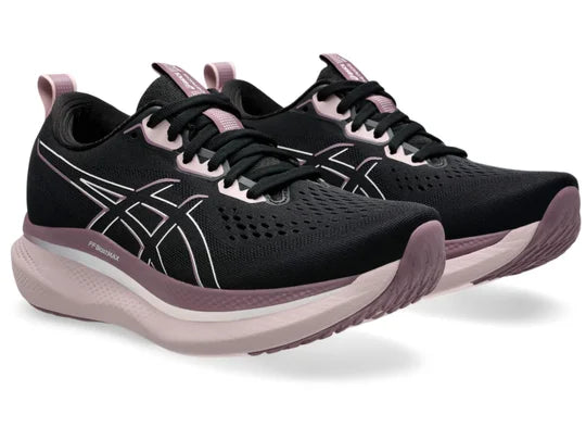 Women's Asics GlideRide Max. Black upper. Light Pink midsole. Lateral view.