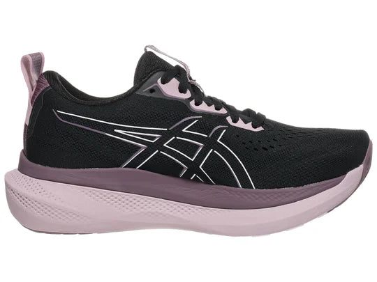 Women's Asics GlideRide Max. Black upper. Off White midsole. Medial view.