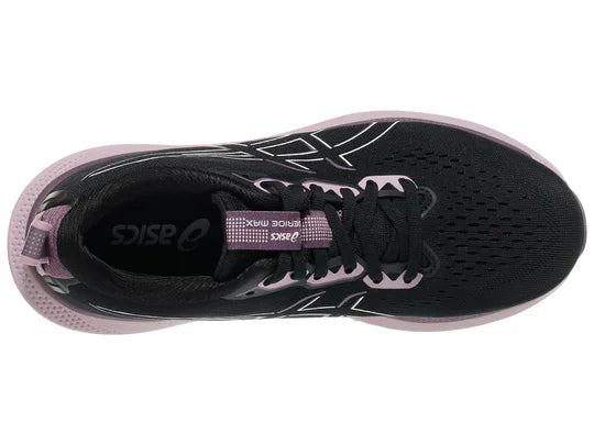 Women's Asics GlideRide Max. Black upper. Off White midsole. Top view.