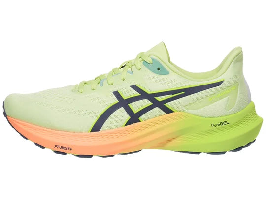 Women's Asics GT-2000 12. Light Green upper. Green/Pink midsole. Lateral view.