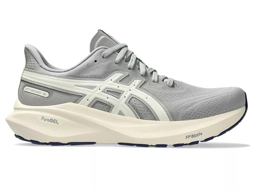 Women's Asics GT-2000 13. Grey upper. Off White midsole. Lateral view.