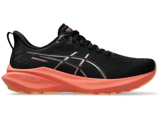 Women's Asics GT 2000 13. Black upper. Dark pink midsole. Lateral view.