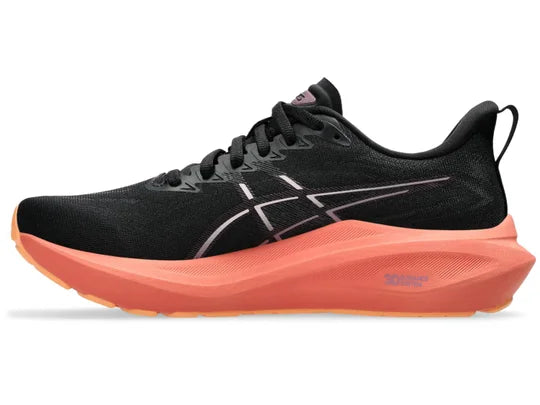 Women's Asics GT 2000 13. Black upper. Dark pink midsole. Medial view.