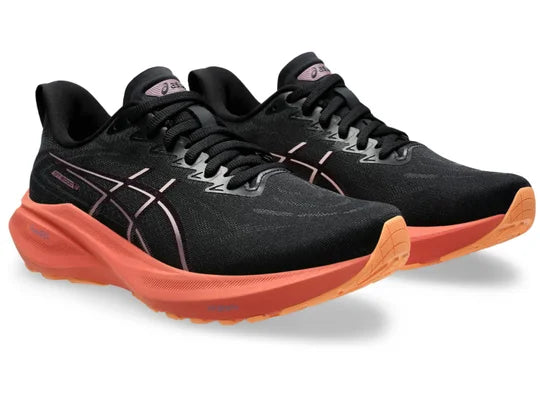 Women's Asics GT 2000 13. Black upper. Dark pink midsole. Lateral view.