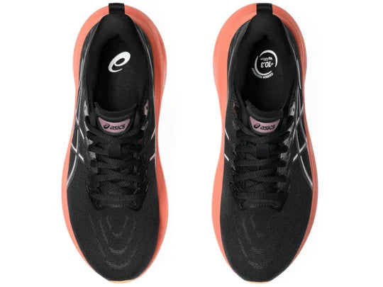 Women's Asics GT 2000 13. Black upper. Dark pink midsole. Top view.