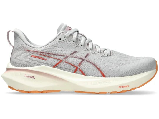 Women's Asics GT 2000 13. Grey upper. White midsole. Lateral view.