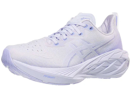 Women's Asics Novablast 4. Blue upper. Blue midsole. Lateral view.