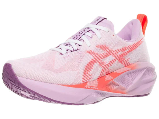 Women's Asics Novablast 5. White upper. Light Pink midsole. Lateral view.